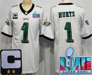 Men's Philadelphia Eagles #1 Jalen Hurts Limited White C Patch Super Bowl LVII Vapor Jersey,We sell and wholesale Men's Philadelphia Eagles #1 Jalen Hurts Limited White C Patch Super Bowl LVII Vapor Jersey on line form chian!